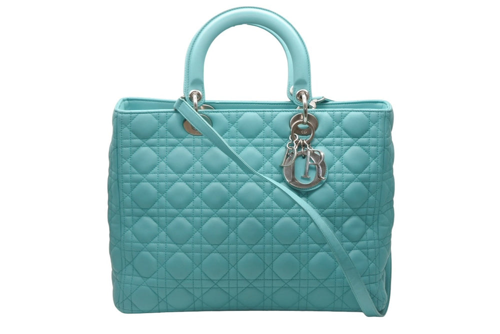 極美品 Christian Dior クリスチャンディオール レディディオール パナレア カナージュ ２WAY ハンドバッグ 01-MA-1121 ターコイズブルー ラムスキン シルバー金具 中古 4b011846