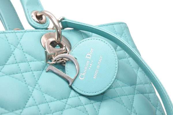 極美品 Christian Dior クリスチャンディオール レディディオール パナレア カナージュ ２WAY ハンドバッグ 01-MA-1121 ターコイズブルー ラムスキン シルバー金具 中古 4b011846