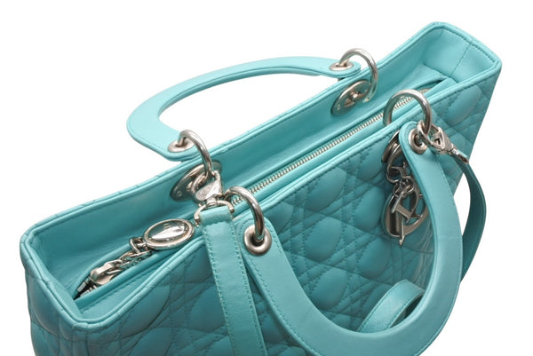 極美品 Christian Dior クリスチャンディオール レディディオール パナレア カナージュ ２WAY ハンドバッグ 01-MA-1121 ターコイズブルー ラムスキン シルバー金具 中古 4b011846