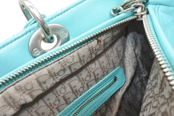 極美品 Christian Dior クリスチャンディオール レディディオール パナレア カナージュ ２WAY ハンドバッグ 01-MA-1121 ターコイズブルー ラムスキン シルバー金具 中古 4b011846