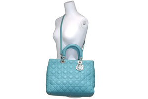 極美品 Christian Dior クリスチャンディオール レディディオール パナレア カナージュ ２WAY ハンドバッグ 01-MA-1121 ターコイズブルー ラムスキン シルバー金具 中古 4b011846