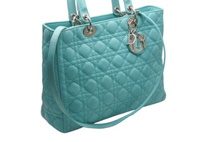 極美品 Christian Dior クリスチャンディオール レディディオール パナレア カナージュ ２WAY ハンドバッグ 01-MA-1121 ターコイズブルー ラムスキン シルバー金具 中古 4b011846