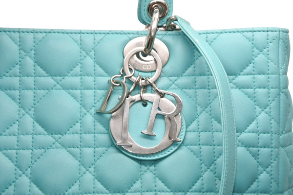 極美品 Christian Dior クリスチャンディオール レディディオール パナレア カナージュ ２WAY ハンドバッグ 01-MA-1121 ターコイズブルー ラムスキン シルバー金具 中古 4b011846