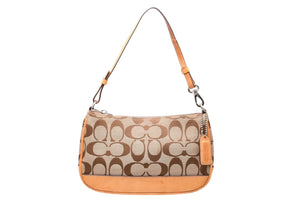 COACH コーチ 総柄 シグネチャー ワンショルダーバッグ 6094 ブラウン ベージュ キャンバス レザー シルバー金具 良品 中古 4b011841