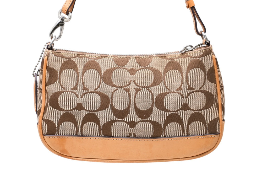 COACH コーチ 総柄 シグネチャー ワンショルダーバッグ 6094 ブラウン ベージュ キャンバス レザー シルバー金具 良品 中古 4b011841