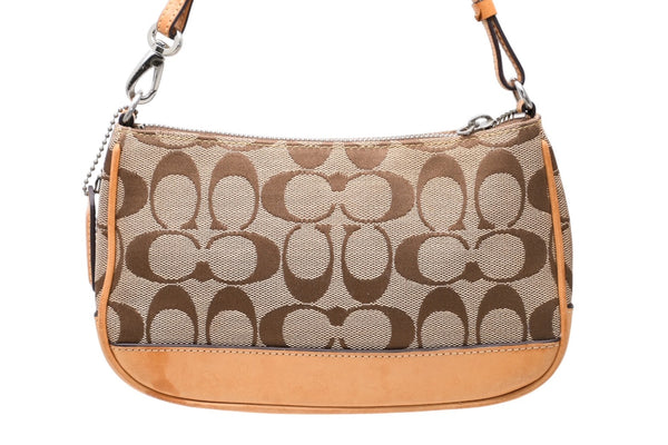 COACH コーチ 総柄 シグネチャー ワンショルダーバッグ 6094 ブラウン ベージュ キャンバス レザー シルバー金具 良品 中古 4b011841