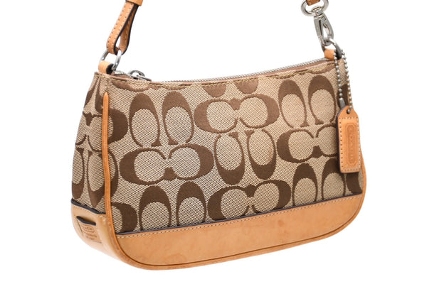 COACH コーチ 総柄 シグネチャー ワンショルダーバッグ 6094 ブラウン ベージュ キャンバス レザー シルバー金具 良品 中古 4b011841