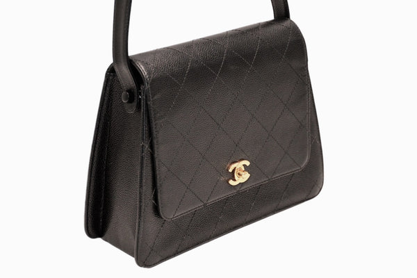 CHANEL シャネル ワイルドステッチ ハンドバッグ トップハンドル 5番台 ラムスキン ブラック ゴールド金具 美品 中古 4b011911