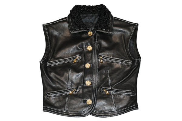 VERSACE ヴェルサーチ ヴィンテージ ムートン レザー ベスト ブラック 美品 中古 4b012160