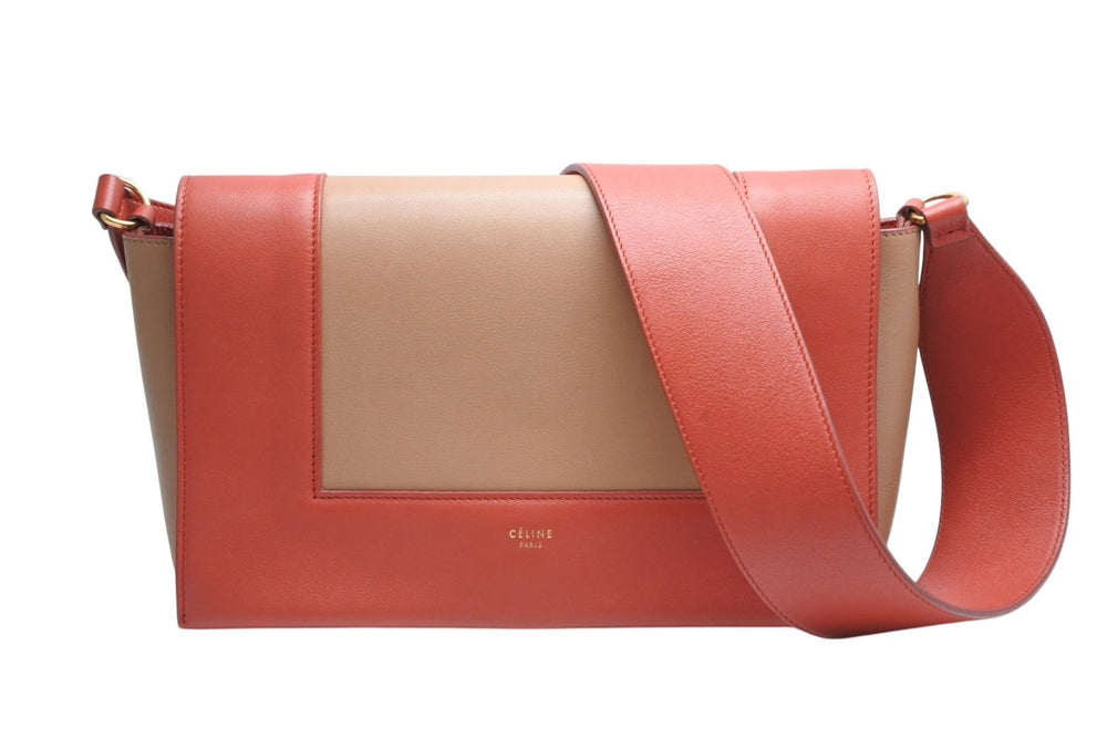 極美品 CELINE セリーヌ フレームショルダーバッグ バイカラー レザー レッド ブラウン ゴールド金具 中古 4b012255