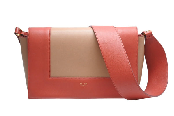 極美品 CELINE セリーヌ フレームショルダーバッグ バイカラー レザー レッド ブラウン ゴールド金具 中古 4b012255