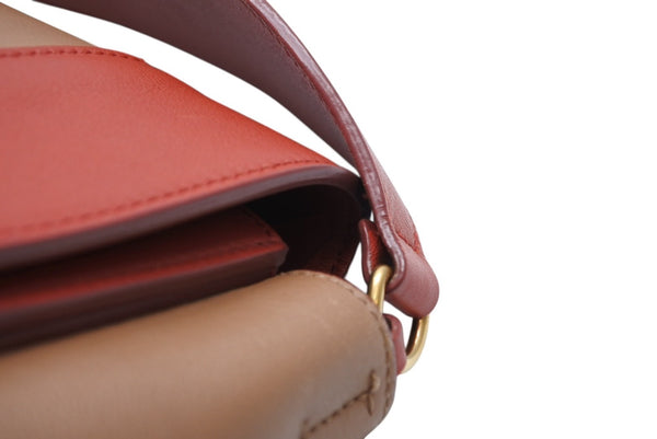 極美品 CELINE セリーヌ フレームショルダーバッグ バイカラー レザー レッド ブラウン ゴールド金具 中古 4b012255