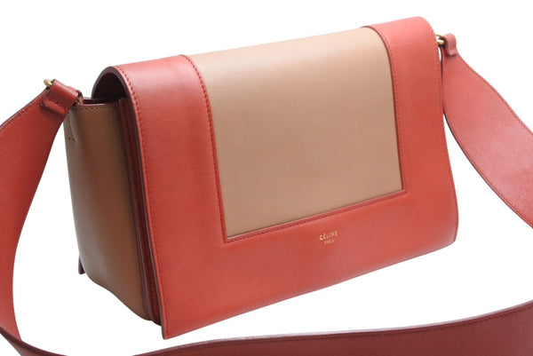 極美品 CELINE セリーヌ フレームショルダーバッグ バイカラー レザー レッド ブラウン ゴールド金具 中古 4b012255