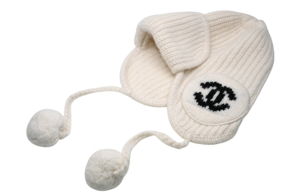 極美品 CHANEL シャネル 25AW フライトキャップ パイロットキャップ AAB271 ココマーク カシミヤ シルク アイボリー 中古 4b012301