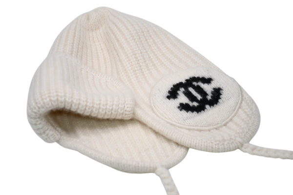 極美品 CHANEL シャネル 25AW フライトキャップ パイロットキャップ AAB271 ココマーク カシミヤ シルク アイボリー 中古 4b012301