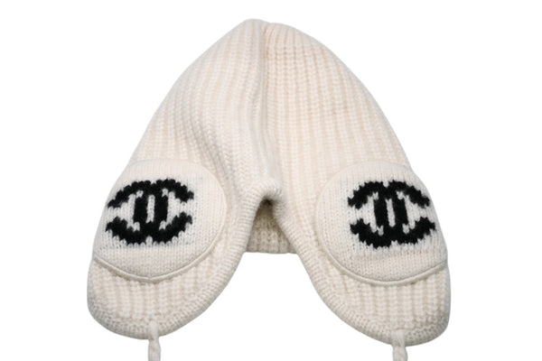 極美品 CHANEL シャネル 25AW フライトキャップ パイロットキャップ AAB271 ココマーク カシミヤ シルク アイボリー 中古 4b012301