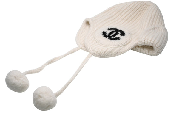 極美品 CHANEL シャネル 25AW フライトキャップ パイロットキャップ AAB271 ココマーク カシミヤ シルク アイボリー 中古 4b012301
