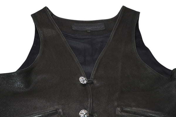 CHROME HEARTS クロムハーツ レザーベスト サイズM クロスボールボタン ブラック 美品 中古 4b012310