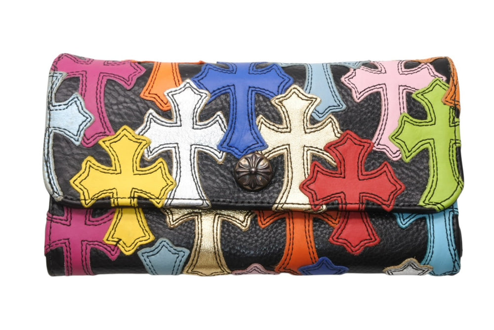 New, unused, ordered item CHROME HEARTS long wallet cross button Judy multi patch black leather used 4b012312