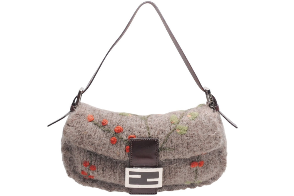 FENDI フェンディ マンマバケット ワンショルダーバッグ 16059 ウール レザー ブラウン 刺繍 シルバー金具 美品 中古 4b012466