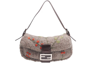 FENDI フェンディ マンマバケット ワンショルダーバッグ 16059 ウール レザー ブラウン 刺繍 シルバー金具 美品 中古 4b012466