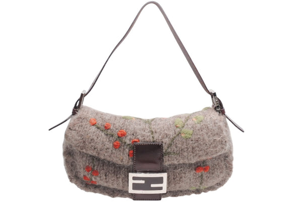 FENDI フェンディ マンマバケット ワンショルダーバッグ 16059 ウール レザー ブラウン 刺繍 シルバー金具 美品 中古 4b012466