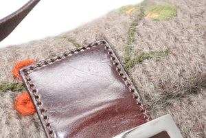 FENDI フェンディ マンマバケット ワンショルダーバッグ 16059 ウール レザー ブラウン 刺繍 シルバー金具 美品 中古 4b012466