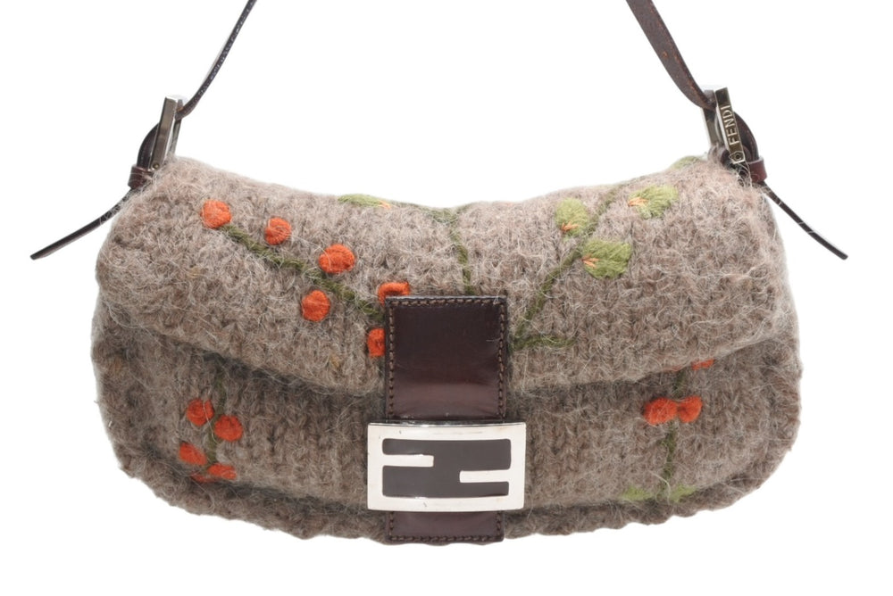 FENDI フェンディ マンマバケット ワンショルダーバッグ 16059 ウール レザー ブラウン 刺繍 シルバー金具 美品 中古 4b012466