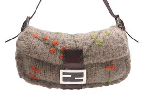 FENDI フェンディ マンマバケット ワンショルダーバッグ 16059 ウール レザー ブラウン 刺繍 シルバー金具 美品 中古 4b012466