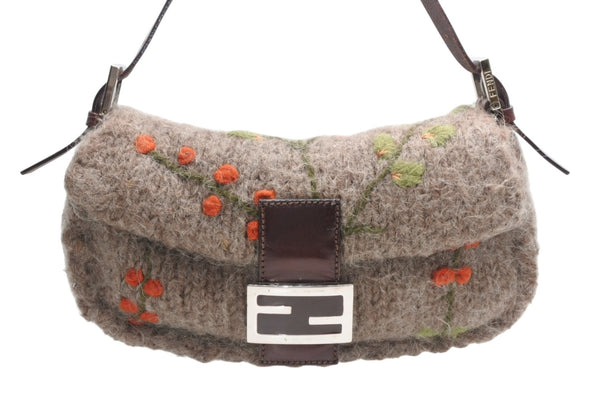 FENDI フェンディ マンマバケット ワンショルダーバッグ 16059 ウール レザー ブラウン 刺繍 シルバー金具 美品 中古 4b012466