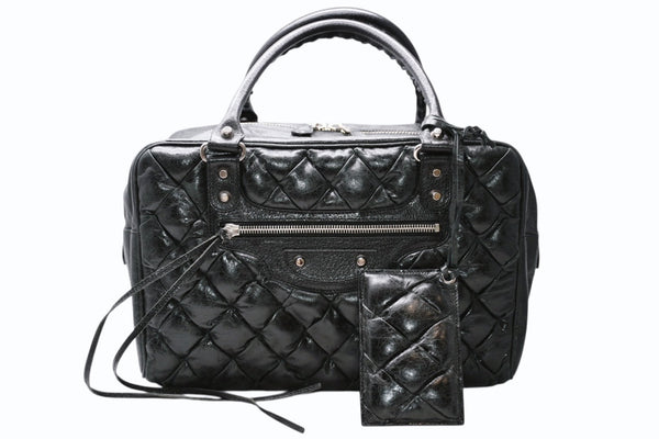 極美品 BALENCIAGA バレンシアガ マトラッセ シティ ハンドバッグ ブラック カーフ シルバー金具 ミニボストン 鞄 168031 中古 4b012486