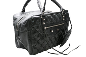 極美品 BALENCIAGA バレンシアガ マトラッセ シティ ハンドバッグ ブラック カーフ シルバー金具 ミニボストン 鞄 168031 中古 4b012486