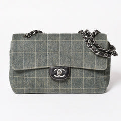 Very good condition CHANEL Chocolate Bar 25 S Flap W Chain Shoulder Bag No. 6 Coco Mark Denim Indigo Blue Used 4a004795