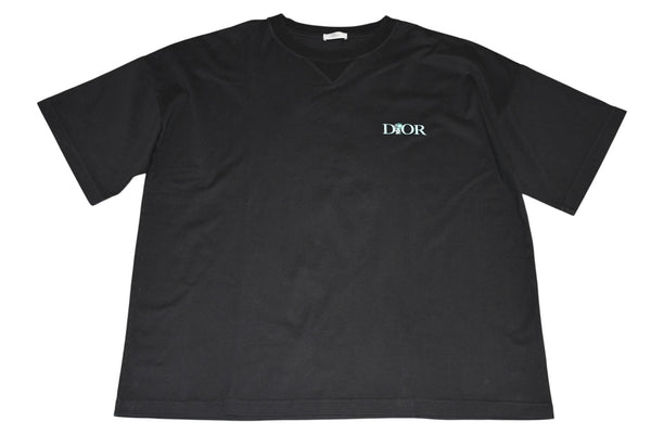 極美品 DIOR ディオール JARDIN 22AW 半袖Tシャツ ロゴ刺繍 243J685A0677 コットン ブラックターコイズブルー サイズXXL 中古 4b012693
