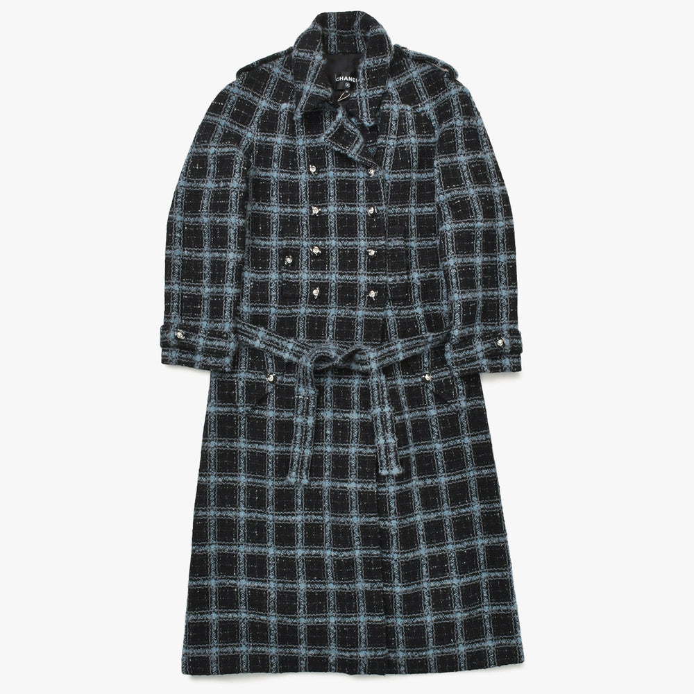 極美品 CHANEL シャネル ツイード メンズ ロングコート P78174V70206 サイズ50 ココマーク ブルー グレー ブラック ベルト付き 中古 4b012771