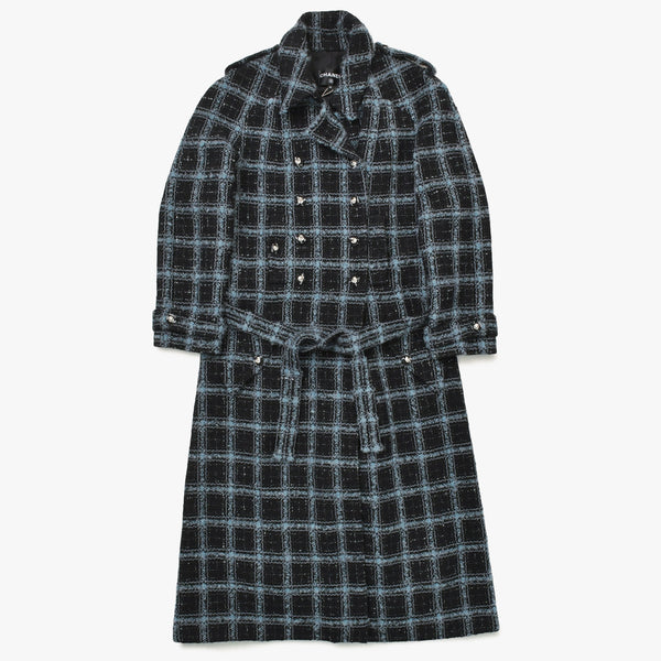 極美品 CHANEL シャネル ツイード メンズ ロングコート P78174V70206 サイズ50 ココマーク ブルー グレー ブラック ベルト付き 中古 4b012771
