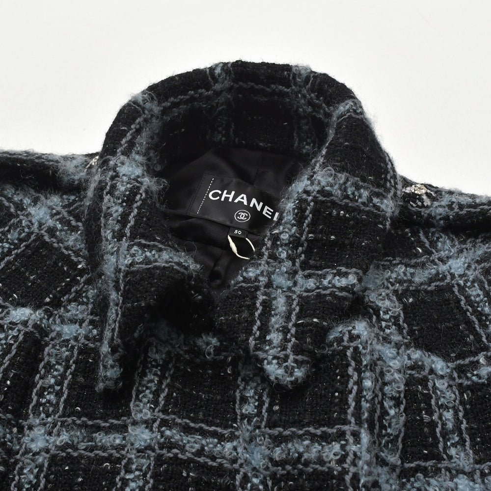 極美品 CHANEL シャネル ツイード メンズ ロングコート P78174V70206 サイズ50 ココマーク ブルー グレー ブラック ベルト付き 中古 4b012771