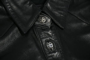 CHROME HEARTS クロムハーツ デニム レザーシャツ ワンピース クロスボール サイズS ブラック シルバー925 美品 中古 4b012949