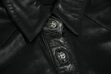 Load image into Gallery viewer, CHROME HEARTS クロムハーツ デニム レザーシャツ ワンピース クロスボール サイズS ブラック シルバー925 美品 中古 4b012949
