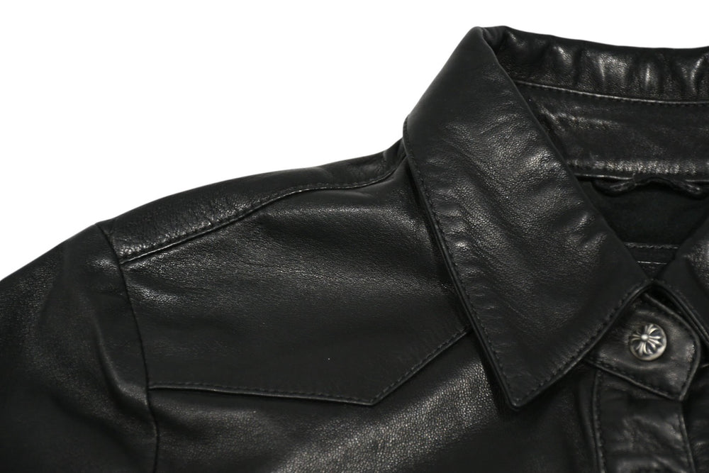 CHROME HEARTS クロムハーツ デニム レザーシャツ ワンピース クロスボール サイズS ブラック シルバー925 美品 中古 4b012949