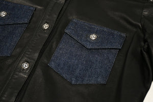 CHROME HEARTS クロムハーツ デニム レザーシャツ ワンピース クロスボール サイズS ブラック シルバー925 美品 中古 4b012949