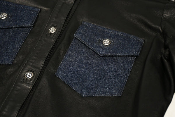 CHROME HEARTS クロムハーツ デニム レザーシャツ ワンピース クロスボール サイズS ブラック シルバー925 美品 中古 4b012949