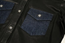 Load image into Gallery viewer, CHROME HEARTS クロムハーツ デニム レザーシャツ ワンピース クロスボール サイズS ブラック シルバー925 美品 中古 4b012949