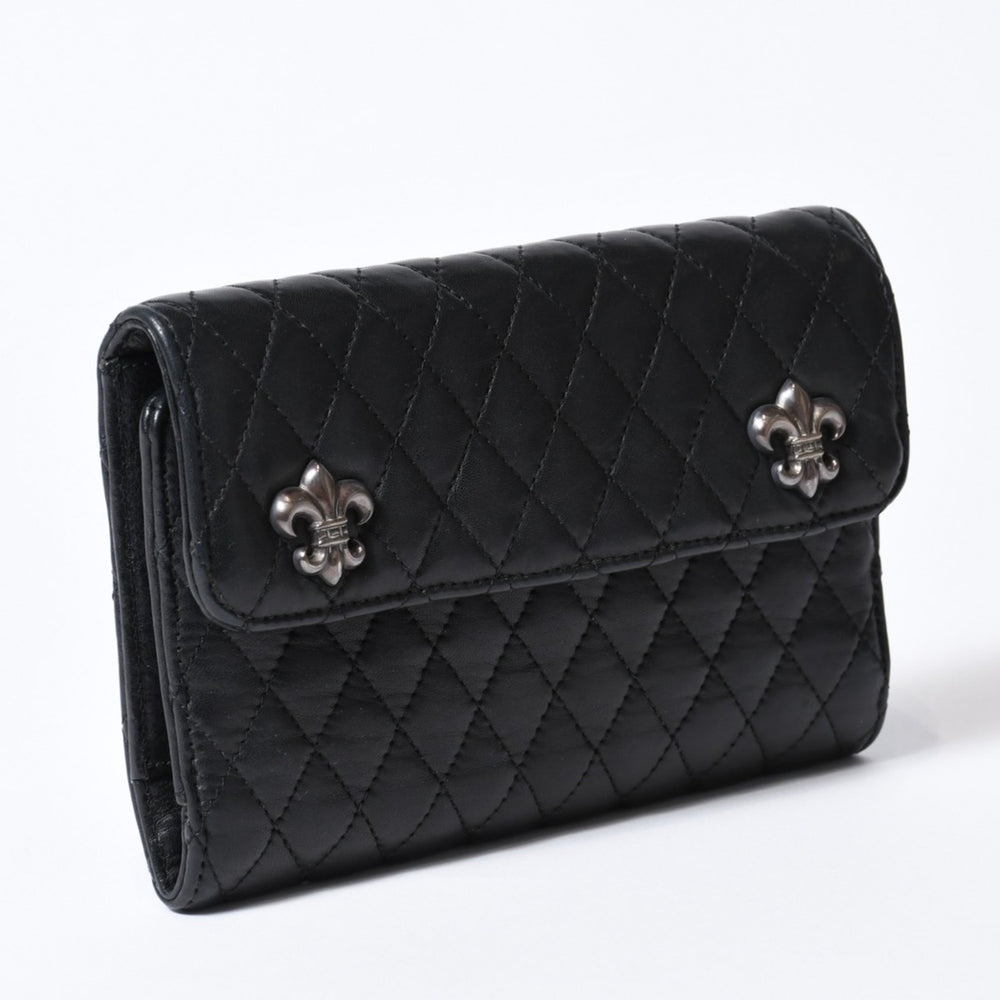 CHROME HEARTS クロムハーツ キルティング レザー ウォレット BSフレア ラムスキン ブラック レザー 美品 中古 4b013626