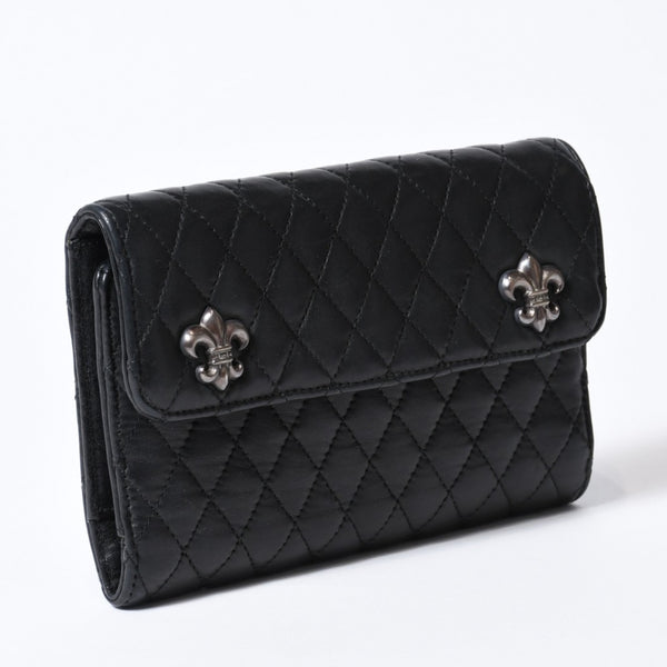 CHROME HEARTS クロムハーツ キルティング レザー ウォレット BSフレア ラムスキン ブラック レザー 美品 中古 4b013626