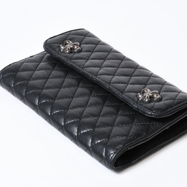 CHROME HEARTS クロムハーツ キルティング レザー ウォレット BSフレア ラムスキン ブラック レザー 美品 中古 4b013626