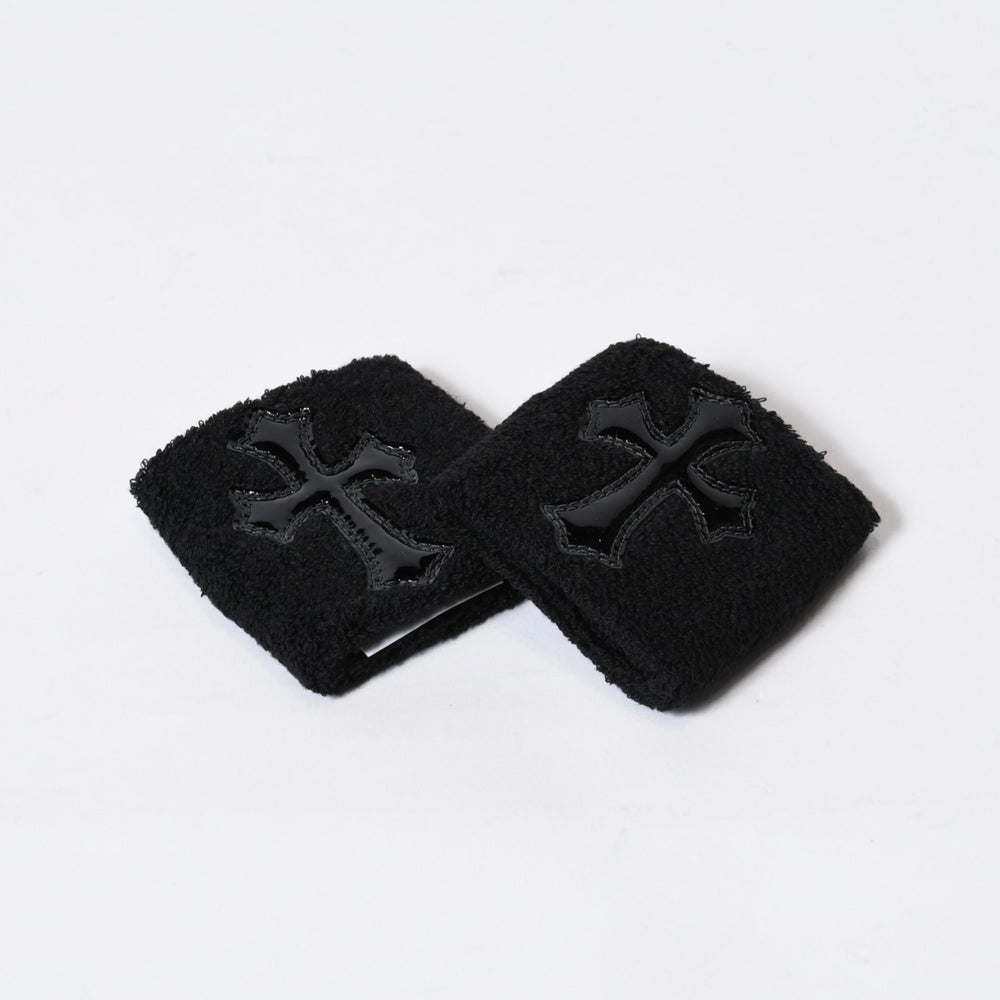 新品未使用 CHROME HEARTS クロムハーツ クロスパッチ リストバンド 二点セット ブレスレット パイル地 ブラック 中古 4b013627