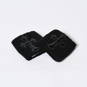新品未使用 CHROME HEARTS クロムハーツ クロスパッチ リストバンド 二点セット ブレスレット パイル地 ブラック 中古 4b013627