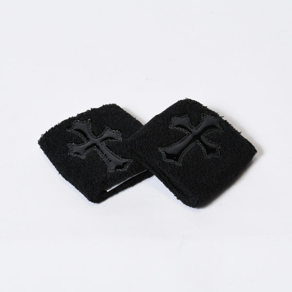 新品未使用 CHROME HEARTS クロムハーツ クロスパッチ リストバンド 二点セット ブレスレット パイル地 ブラック 中古 4b013627