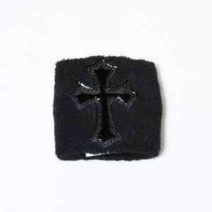 新品未使用 CHROME HEARTS クロムハーツ クロスパッチ リストバンド 二点セット ブレスレット パイル地 ブラック 中古 4b013627